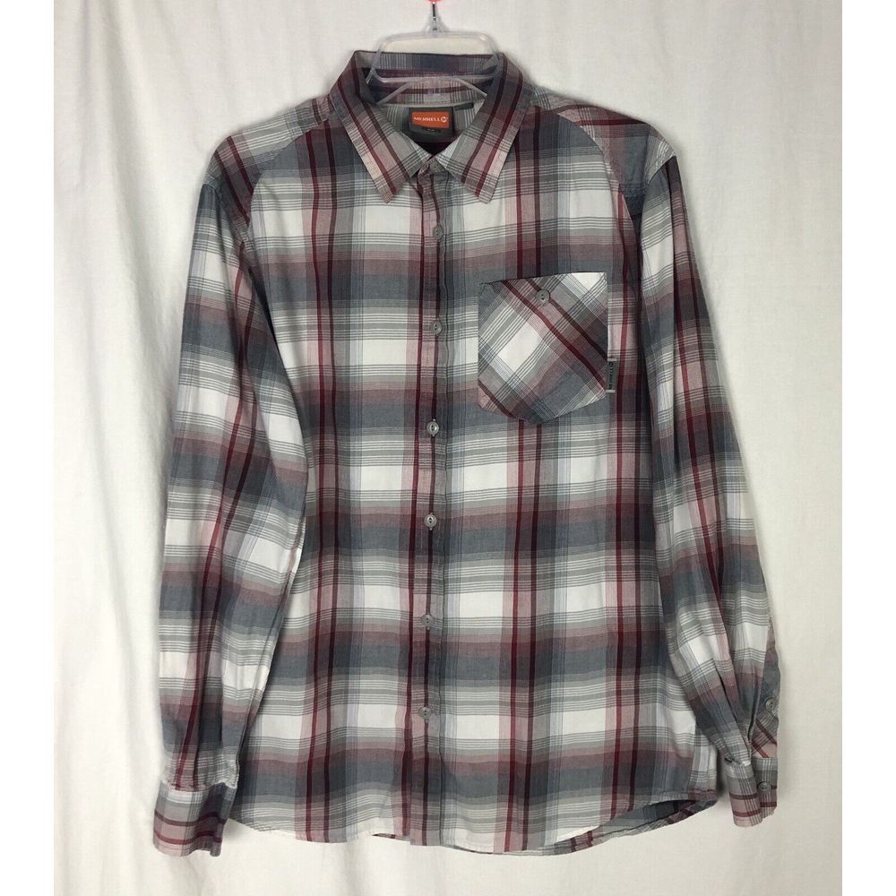 Merrell Long Sleeve Button Front Plaid Shirt Men's Size M‎ Red Gray Cotton
